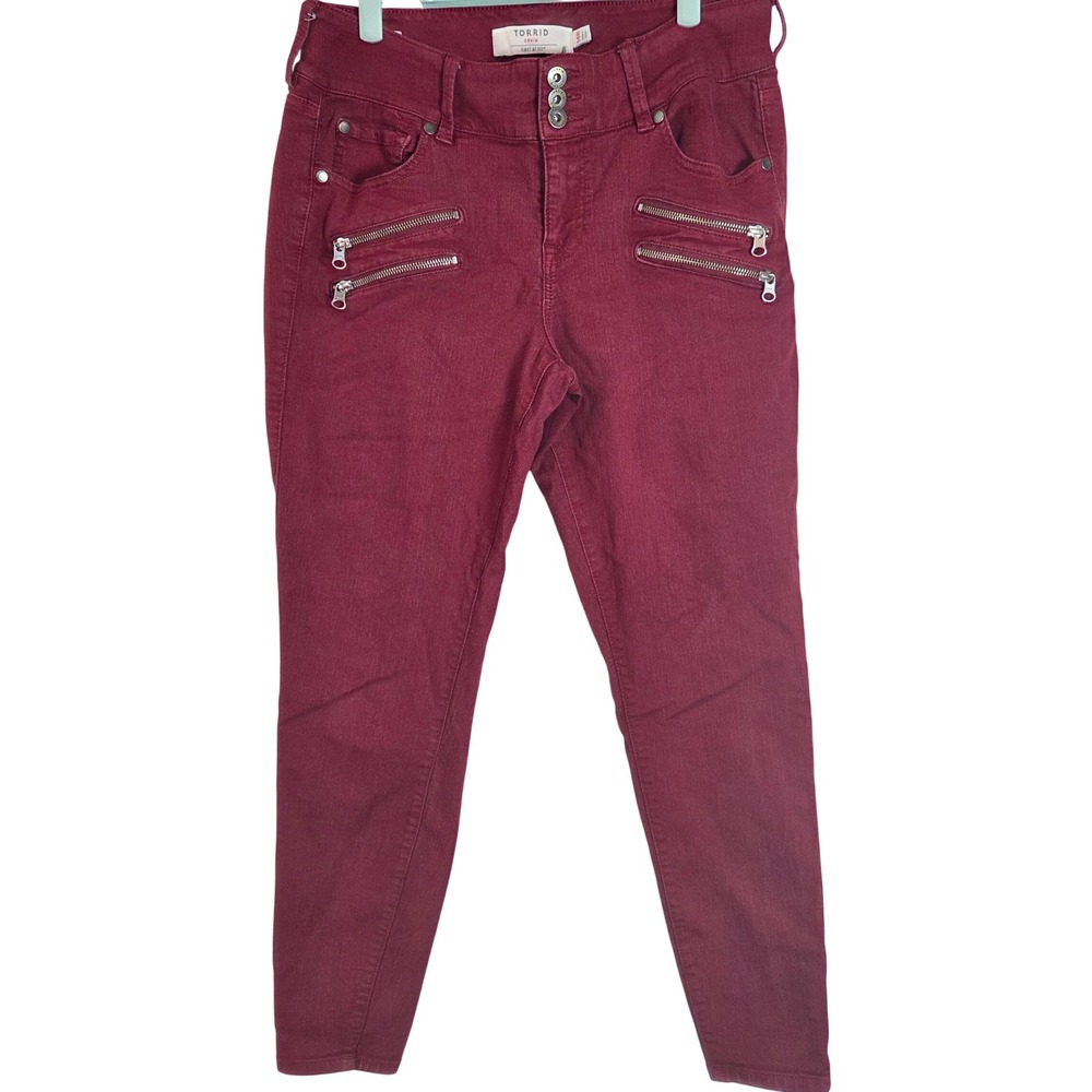 Torrid Denim Moto Pants Womens 14R Burgundy Red Skinny Jeans Zip Pocket